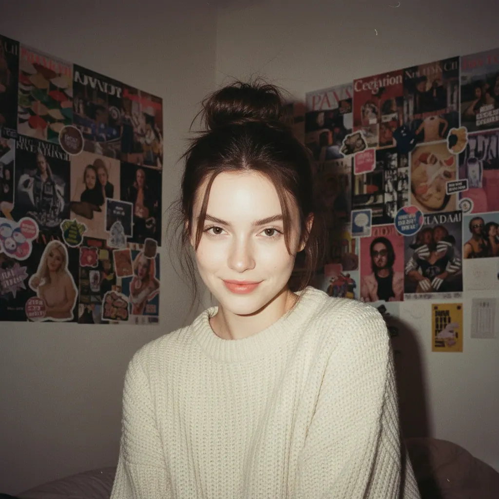 90s flash photography portrait with porcelain skin