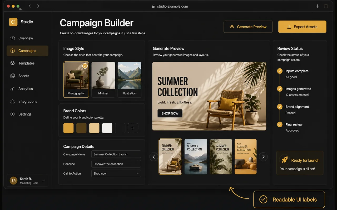 GPT Image 2 campaign builder UI mockup with readable interface labels